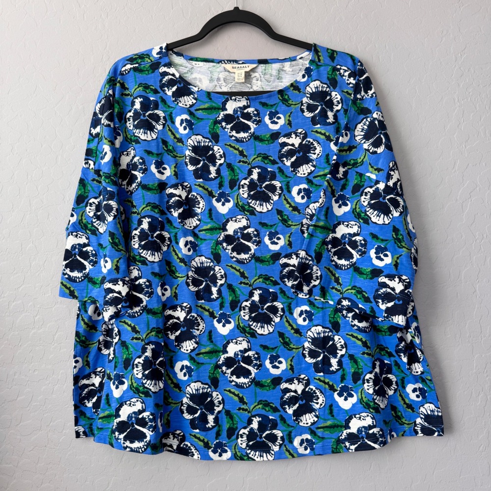 NWOT Seasalt Cornwall Size 16 Tremayne Quay Top Blue Floral Pansy Elbow Sleeve